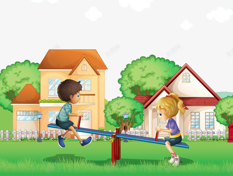 孩子在草地上玩跷跷板png免抠素材_88icon https://88icon.com 大树 孩子 屋子 草地