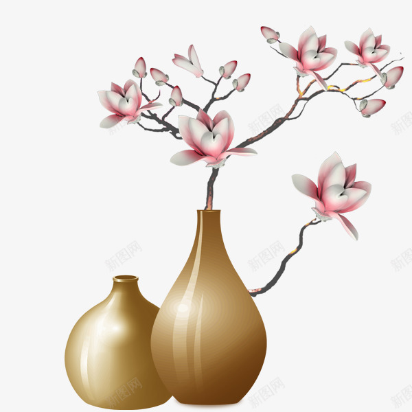 瓶中花png免抠素材_88icon https://88icon.com 瓶中花 粉色 花枝 花瓶 黄色