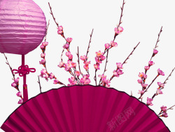 粉色中国风扇子花枝装饰图案素材