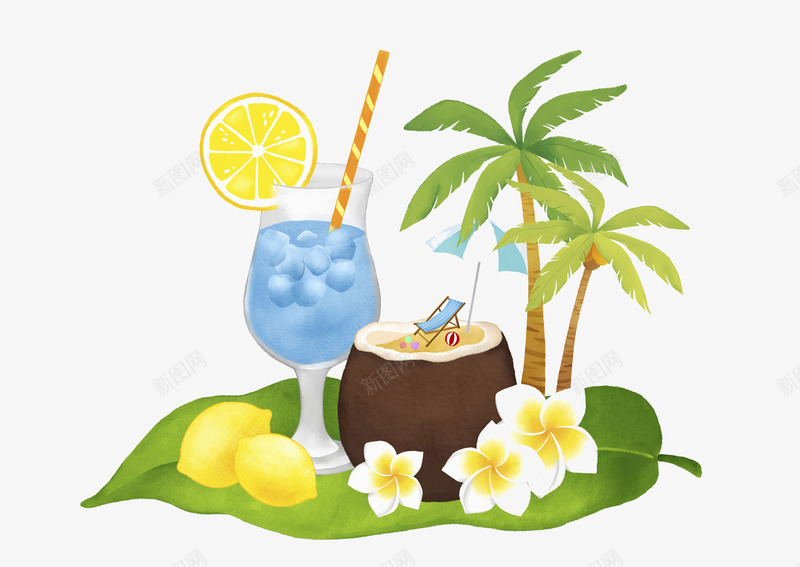 沙滩椰树饮品png免抠素材_88icon https://88icon.com 柠檬汁 椰子汁 椰树 沙滩 饮品