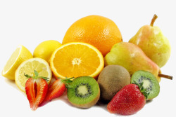 一堆草莓一堆切开的柠檬橙子草莓水果高清图片