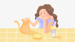 卡通手绘喂猫咪的女孩素材