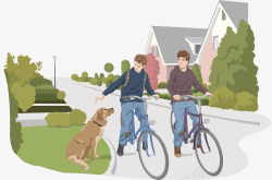 插图骑自行车的孩子与金毛狗素材