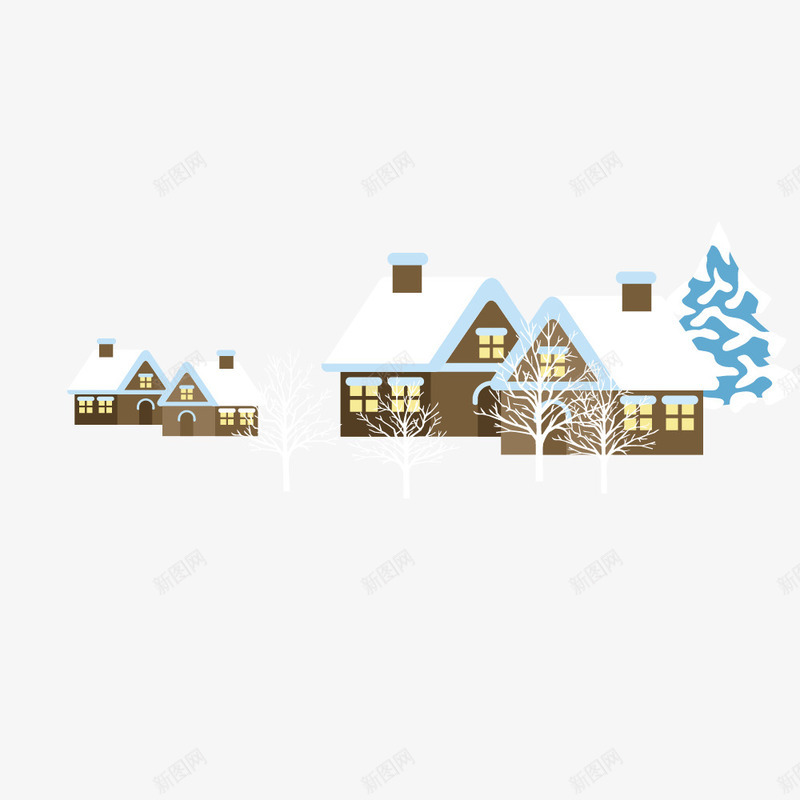 雪地里的房屋png免抠素材_88icon https://88icon.com 卡通 灯光 白色的屋顶 白色的雪 窗户 褐色