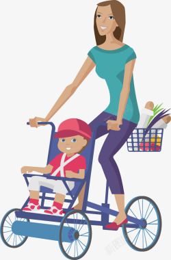 骑着自行车带孩子买菜矢量图素材