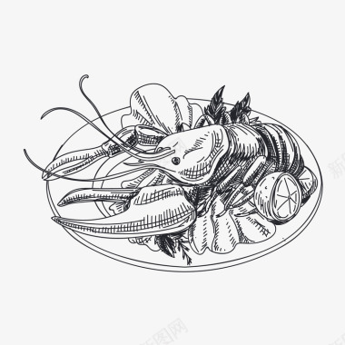 大龙虾手绘海鲜图标矢量图图标