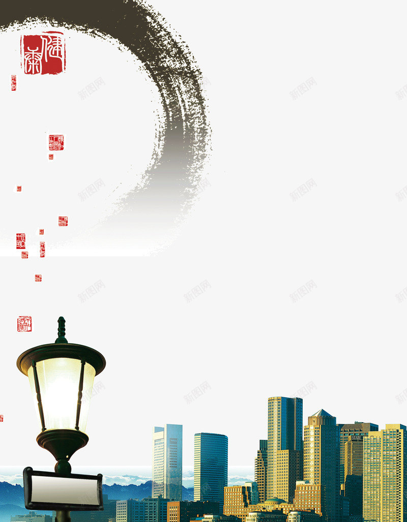 灯下的摩天大楼png免抠素材_88icon https://88icon.com 城市 摩天大楼 水墨 水墨风 灯 现代