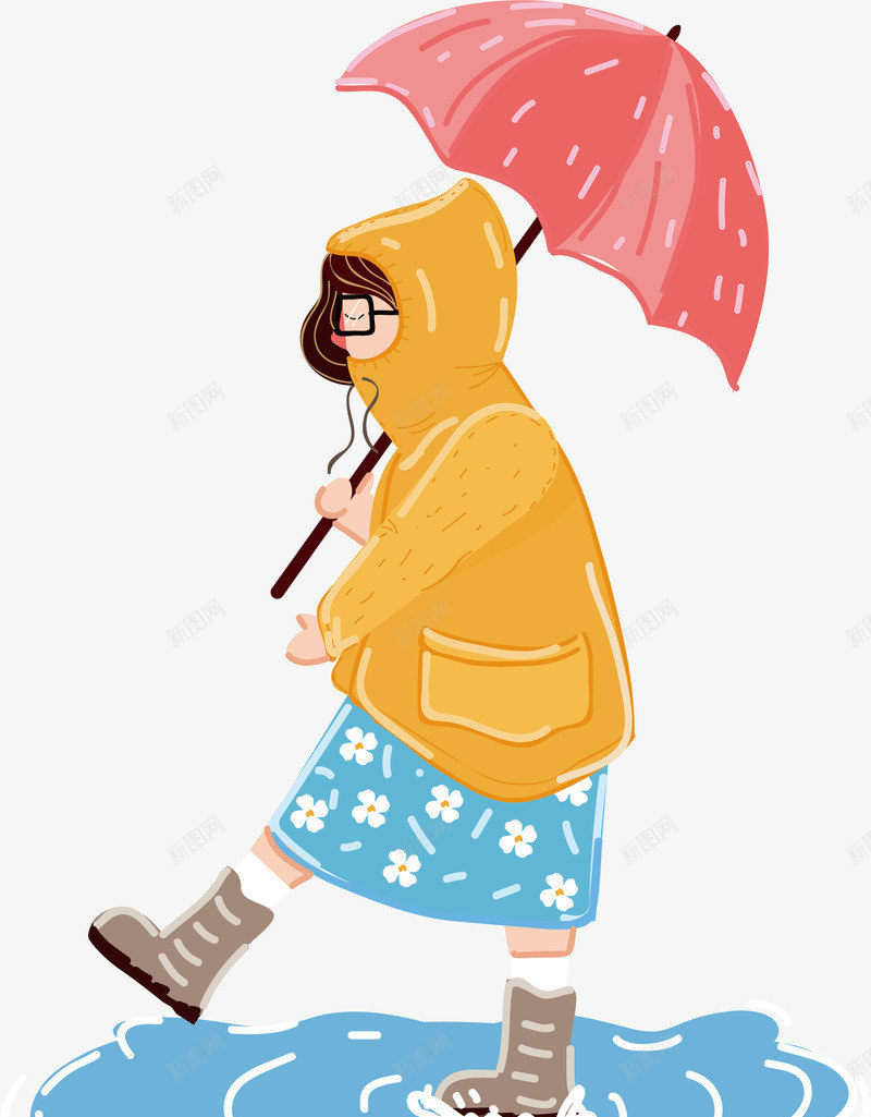 顽皮踩水的女孩子png免抠素材_88icon https://88icon.com 可爱女孩 打雨伞 矢量png 踩水 雨中散步 顽皮女孩