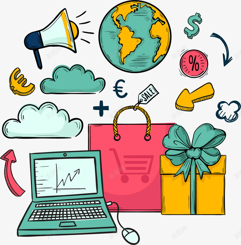 手绘网络购物矢量图ai免抠素材_88icon https://88icon.com 一站直达 全球购 手绘 电子商务 网络购物 货币汇率 购物袋 矢量图