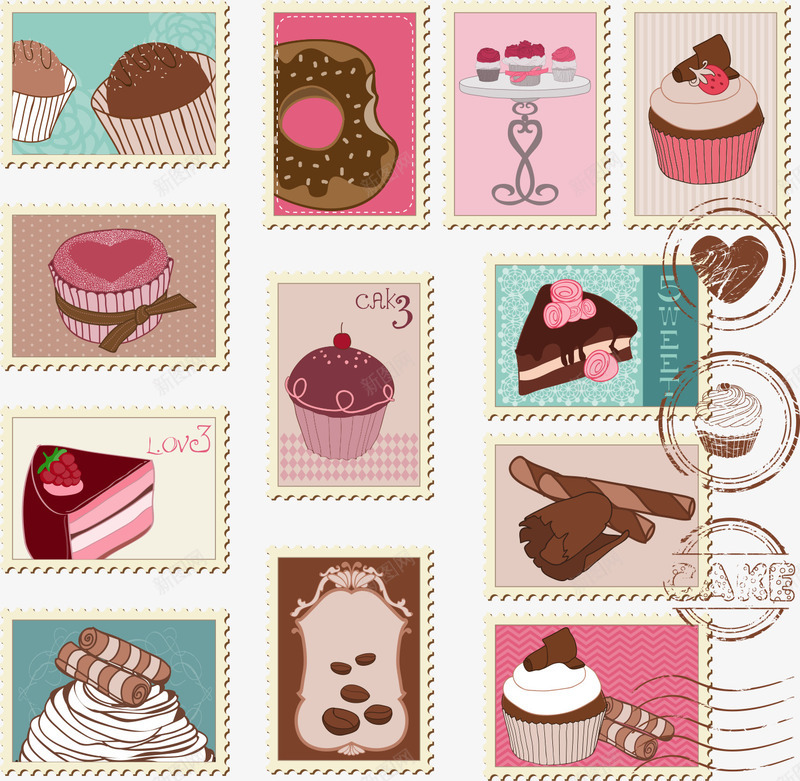 现代手绘彩色甜品邮票png免抠素材_88icon https://88icon.com 手绘的邮票 现代的邮票 甜品的邮票 矢量邮票