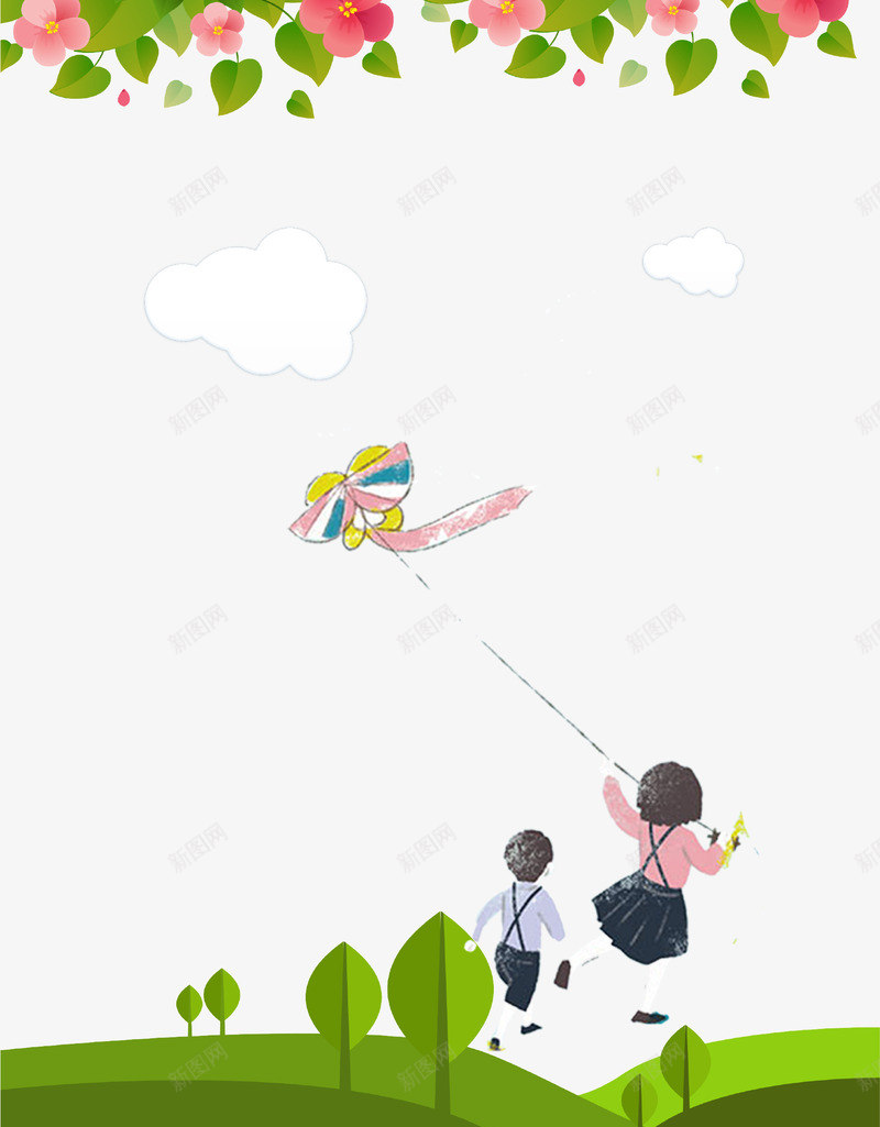 卡通手绘清新花朵春游背景psd免抠素材_88icon https://88icon.com 卡通手绘 孩子 春游 海报 绿叶 风筝
