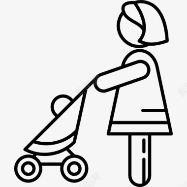 劳动妇女女人与BabyStroller图标图标