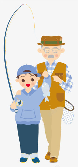 卡通人物插图爷爷与孩子钓鱼素材