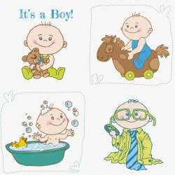 漫画插画在洗澡和玩耍的宝宝素材