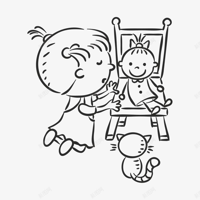 卡通儿童手绘png免抠素材_88icon https://88icon.com 儿童手绘 儿童画 动漫 动画 小女孩 小宝宝 小猫咪 椅子 粗线条 绘画