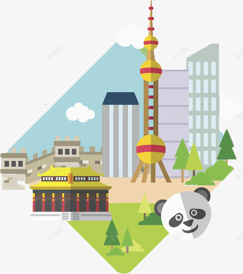 彩色城市建筑png免抠素材_88icon https://88icon.com 东方明珠 城市 头像 建筑 彩色 手绘 柱子 熊猫 草地