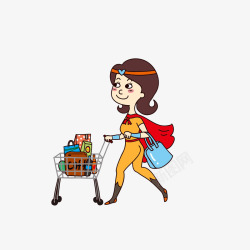 卡通推着满满购物车的超人妈妈素素材