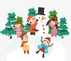 暖冬堆雪人开心玩雪的孩子们高清图片
