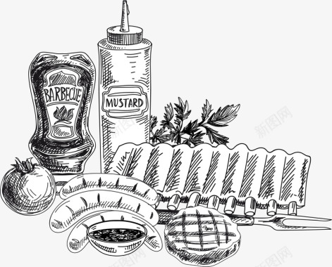 美味的食物美味食物和餐具素描画图标图标