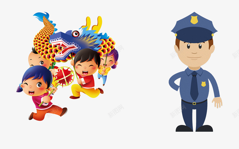 卡通手绘人物psd免抠素材_88icon https://88icon.com 交警 卡通人物 喜庆 新年气氛 舞龙