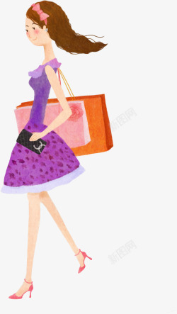 手绘紫色夏日长裙女孩钱包购物素材
