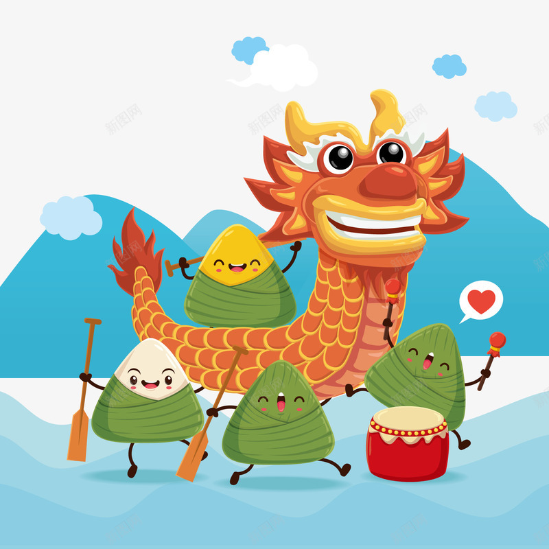 卡通端午节龙舟和粽子png免抠素材_88icon https://88icon.com 卡通端午节 卡通粽子 卡通龙舟 背景装饰