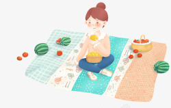 手绘装饰插图夏日野餐的女孩插画素材