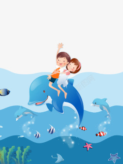 卡通手绘骑在海豚上的孩子素材