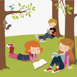 坐在草地靠着树看书的孩子们素材