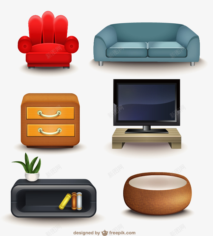 现代家具矢量图ai免抠素材_88icon https://88icon.com 椅子皮革沙发电视柜花盆书架电视柜子家具单人沙发双人沙发 矢量图