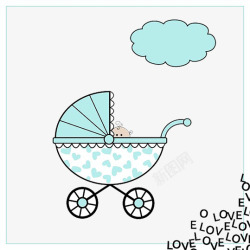 蓝色可爱的婴儿车手绘素材