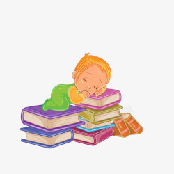 卡通趴在书堆上睡觉的小婴儿素材