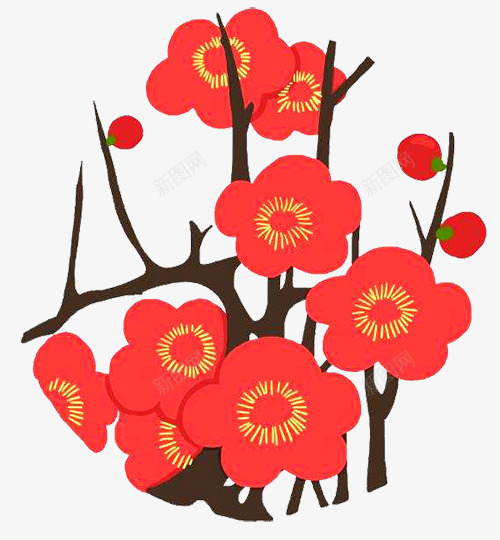 卡通梅花花簇简笔画png免抠素材_88icon https://88icon.com 卡通梅花 卡通梅花花簇简笔画 枝头梅花盛开简笔画 梅花 梅花简笔画 红色 花枝 花苞