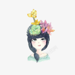 头上有多肉植物的小姑娘素材