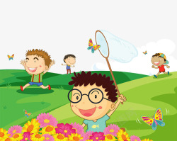 卡通插图草地上扑蝴蝶的孩子们素材