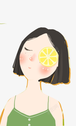 卡通手绘眼睛放柠檬的女孩素材