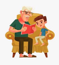 老人读书爷爷与孙子坐在沙发讲故事高清图片
