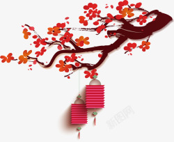 红色中国风花枝灯笼素材