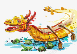 手绘水彩端午节插画龙舟与粽子素材