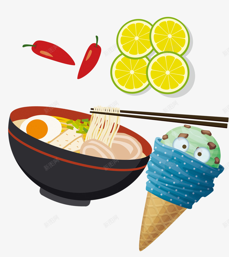 拉面和甜点psd免抠素材_88icon https://88icon.com 冰淇淋 卡通 彩色 手绘 拉面 柠檬片 美食 辣椒 餐饮