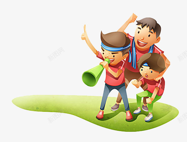 卡通欢呼的孩子png免抠素材_88icon https://88icon.com 三个男孩 三个运动员 卡通欢呼的孩子 绿色喇叭 草地上的男孩