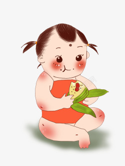 五月初五端午节吃粽子的小娃娃素材