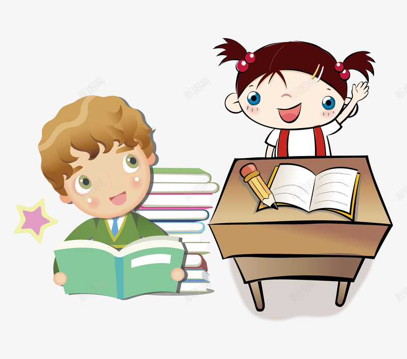 爱学习的两个孩子png免抠素材_88icon https://88icon.com 书本 女生 学习 微笑 桌子 男生 知识 课本 铅笔 高兴