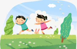 追赶玩闹可爱卡通插图草地上奔跑的孩子高清图片