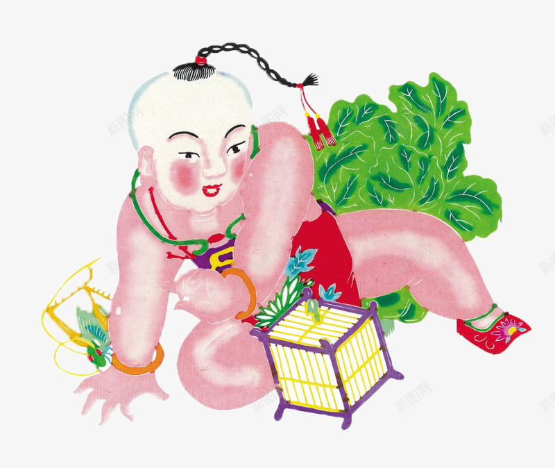 年画娃娃png免抠素材_88icon https://88icon.com 娃娃 小辫子年画娃娃 年娃娃 年画 福娃 窗贴 过年