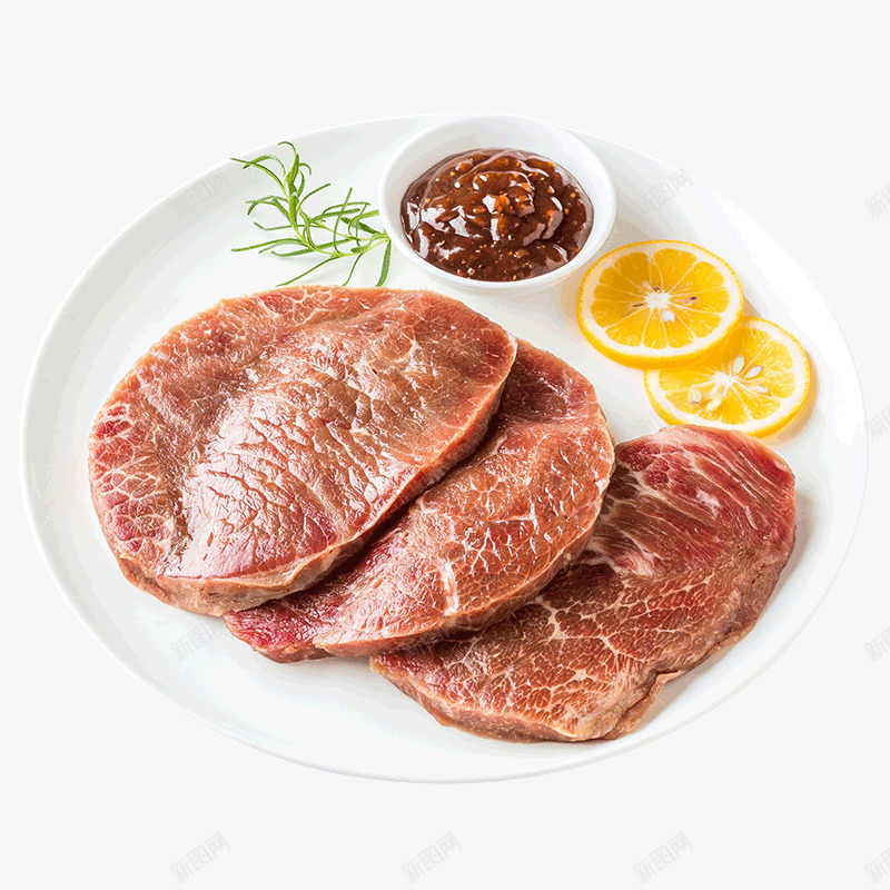 一盘美味的牛排食物png免抠素材_88icon https://88icon.com 产品实物 柠檬片 牛排 美食 蘸酱 西餐 食物