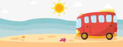 夏日度假沙滩上的红色旅游车素材