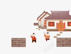 古建筑插图中国风玩耍的孩子高清图片