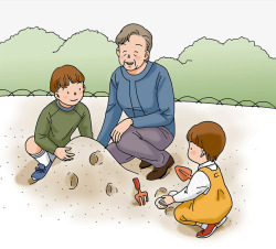 奶奶与孩子一起玩沙子素材