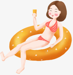 在海滩游泳喝饮料卡通坐在游泳圈上的女孩高清图片